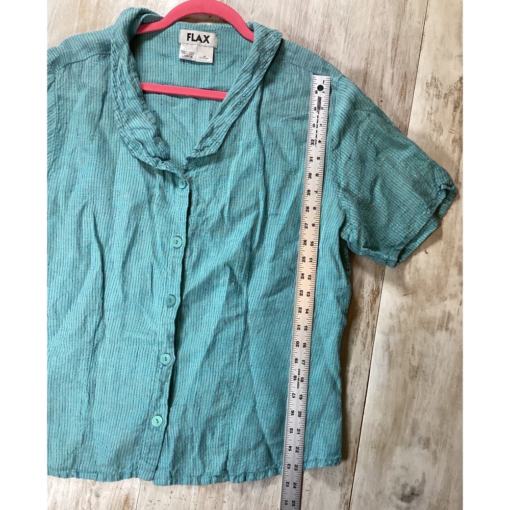 FLAX 100% Linen Turquoise Blue Stripe Short Sleeve Button Up Shirt L Minimalist - Picture 5 of 7